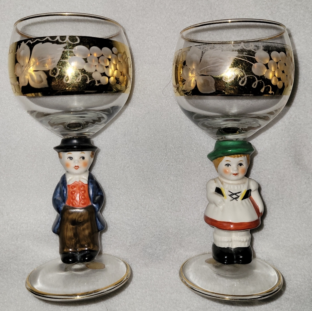 Goebel Rare Little Girl & Boy Manchild Stem Wine Glass Goblet West Germany 14kt
